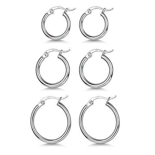 3 Pairs 925 Sterling Silver Hoop Earrings | Small White Gold Plated Hoop Earrings for Women (13mm, 15mm, 20mm)