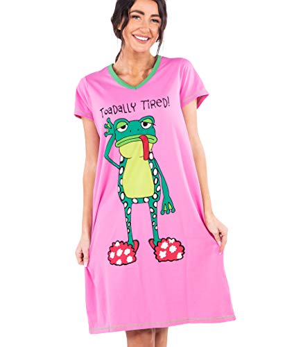 Lazy One Women's Nightgown, Funny V-Neck Sleep Shirt for Women (Toadally Tired, L/XL)