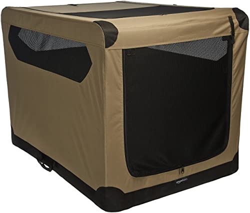 Amazon Basics 2-Door Collapsible,Lightweight Soft-Sided Folding Travel Crate Dog Kennel, X-Large, 42 x 31 x 31 Inches, Tan