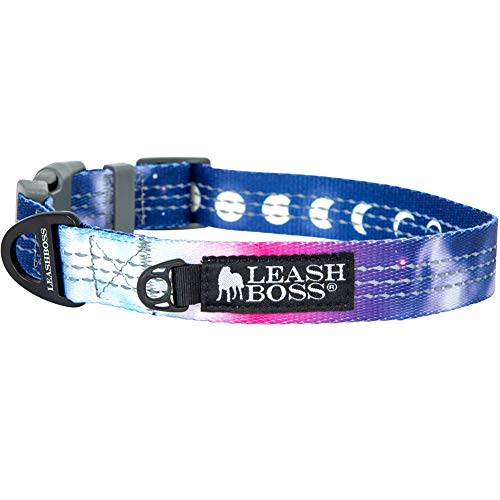 Leashboss Patterned Reflective Dog Collar, Pattern Collection, Colorful Dog Collar with Triple Reflection Threads for Small, Medium and Large Dogs (Medium 13.5'-19.5' Neck x 1' Wide, Space Pattern)