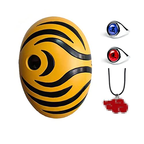 Fusovon Tobi Obito Resin Mask Uchiha Cosplay Anime Mask Costume Party Masquerade Props Set Mask, Necklace & 2 Ring, 4 PCs