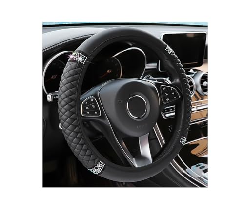 Bling Soft Leather Steering Wheel Cover, 15 Inch Colorful Rhinestones Auto Elastic Steering Wheel Protector, Sparkly Crystal Diamond for Women Girls, Car Accessories for Most Cars (Black)