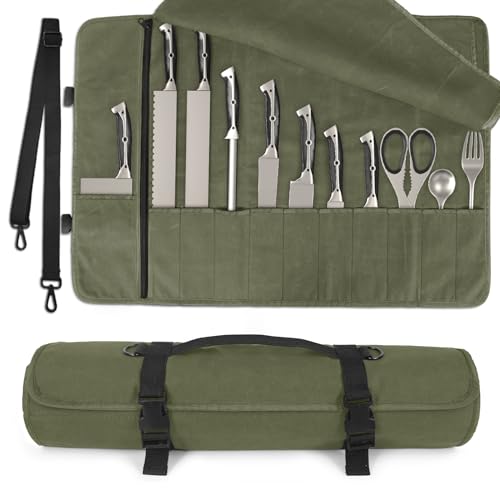 lelezone Chef Knife Roll Bag,Waterproof Waxed Canvas Knife Case Holds,Knives Roll Bags for Chefs Professional with Adjustable Strap,Chef Backpack with 11 Knife Slots and a Large Zippered Pocket