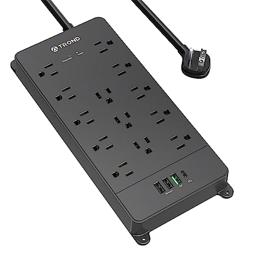 TROND Surge Protector Power Strip, Flat Plug Power Strip with 32W USB C & QC 3.0 Charger, 4000J, ETL Listed, 13 Wide Spaced Outlets 4 USB Ports, 5ft Extension Cord, Wall Mount for Home Office Supplies