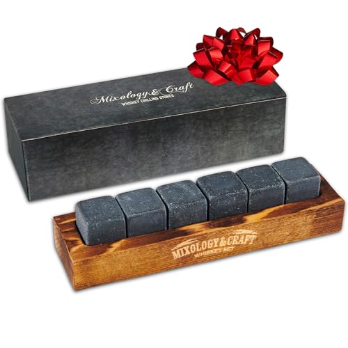 Mixology & Craft Whiskey Stones - Cube-Shaped Granite Chilling Whiskey Rocks Set of 6, Whiskey Gifts for Men and Christmas Stocking Stuffers - Dark Granite