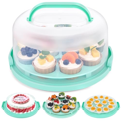 HANSGO Round Cake Carrier, 12x6inch Green Cake Container with Lid and Handles 3-in-1 Multipurpose Cake Keeper Holder Platter for Cupcake Devil Eggs Cake Dishwasher Safe