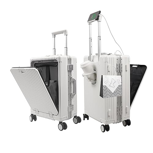LAZEYARD Aluminum Frame Carry On Luggage with Cup Holder and Usb Port, Front Compartment, TSA Lock, 22x14x9 Airline Approved Carry-On Hardside Suitcase Spinner Wheels(White, 20-lnch)