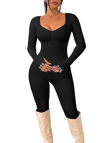 OQQ Women‘s Yoga Jumpsuits Workout Ribbed Long Sleeve Tops Padded Sports Bra Exercise Jumpsuits Black