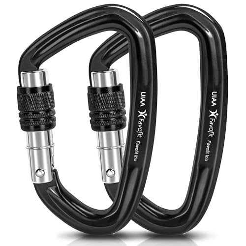 Locking Climbing Carabiner Heavy Duty: Favofit UIAA Certified 42kn (9441 lbs) Safety Caribeaner Clips - Large Screwgate Rock Mountain Caribiniers for Rescue Firefighter