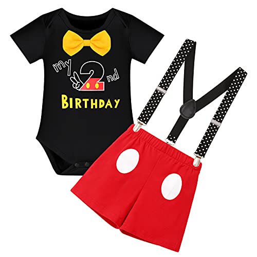 IBTOM CASTLE Baby Boy Second Birthday Outfit Romper + Suspenders + Pants Cake Smash Photo Shoot Fancy Halloween Party Cosplay Dress Up Funny Costume Black eye-my 2nd birthday 18-24 Months