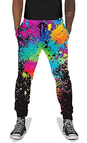 UNIFACO Men Women Causal Splatter Active Jogging Pants Baggy Elastic Sweatpants Black L