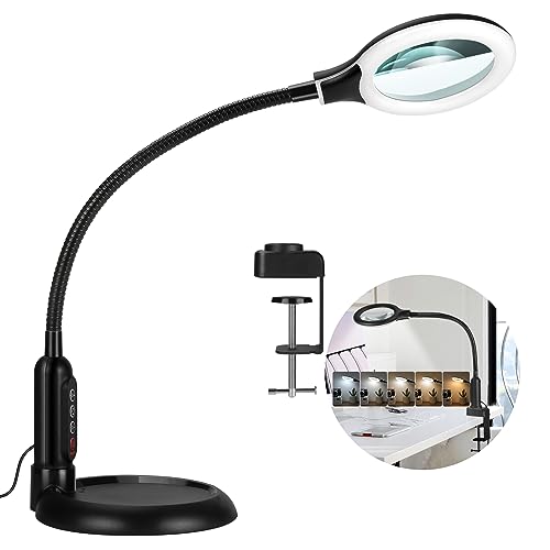 TOMSOO 5X Magnifying Glass with Light and Clamp, 5 Color Modes Stepless Dimmable Lighted Magnifier with Stand, Flexible Gooseneck LED Desk Lamp hands Free for Craft Reading Painting Hobby Close Work
