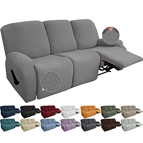 JIVINER Newest Design 8-Piece Recliner Chair Covers Stretch Jacquard Chair Covers for Recliner Recliner Slipcovers for Living Room Soft Recliner Protector with Pocket (Sofa Recliner, Light Gray)