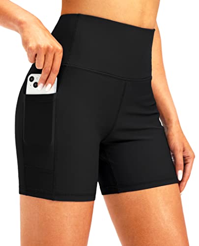 Soothfeel Women's High Waisted Swim Board Shorts 5 Inch UPF 50+ Tummy Control Bathing Suit Bottoms for Women with Pockets Black