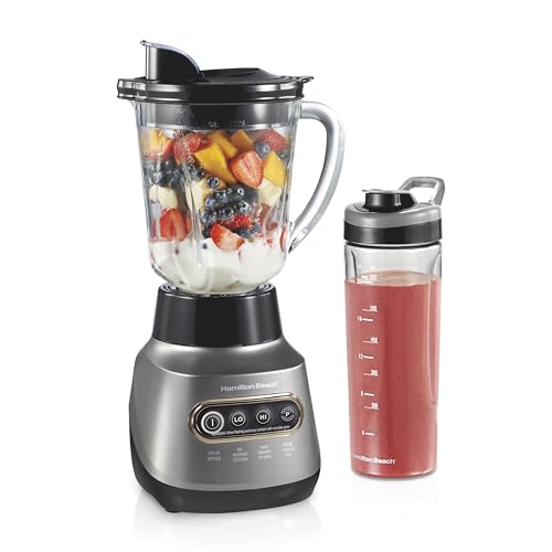Hamilton Beach Wave Crusher Blender for Shakes and Smoothies, Puree, Crush Ice, With 40oz Glass Jar and 20oz Blend-In Portable Travel Jar, 6 Functions, Gray (58181)