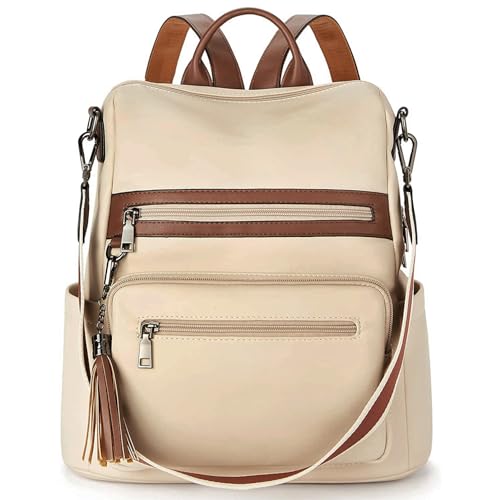 Telena Womens Backpack Purse Vegan Leather Large Travel Backpack College Shoulder Bag with Tassel Beige-Brown