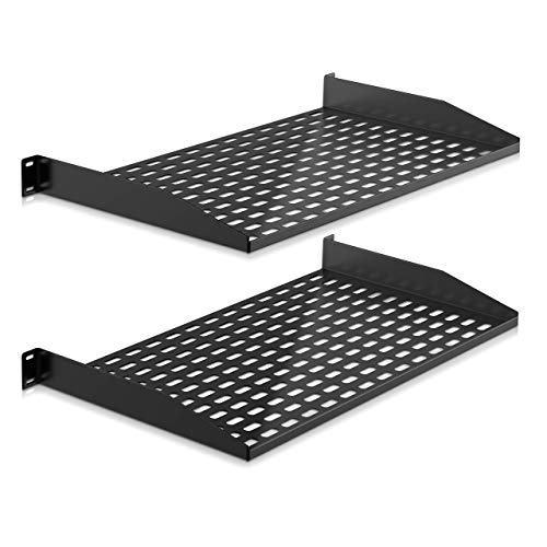 Pyle 2-Pc 1U Server Rack Shelf, Vented Shelves for Good Air Circulation, Cantilever Mount, Wall Mount Rack, Universal Device, Cabinet Shelf, Computer Case Mounting Tray, Black-Pyle PLRSTN14UX2
