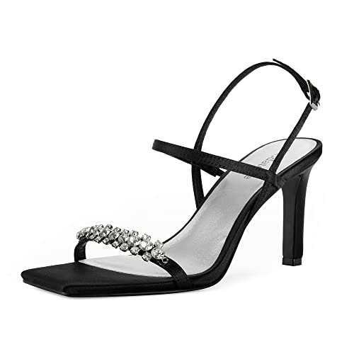 Modatope Sandals for Women Rhinestone Heeled Sandals Strappy High Heels Sandals for Women Open Toe Ankle Strap Sandal Women Black Satin Sandals for Women Size 8.5