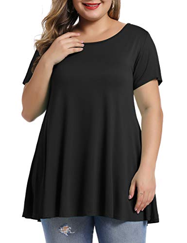 MONNURO Womens Short Sleeve Casual Loose Fit Flare Swing Tunic Tops Basic T-Shirt Plus Size(Black, 3X)