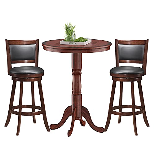 Giantex 3 Pcs Pub Table Set, Wooden Pub Pedestal Side Table w/Stable Base, 360 Degrees Swivel Bar Stool, Modern Round Bar Table and Stools for Living Room Small Space Restaurant Dining Room