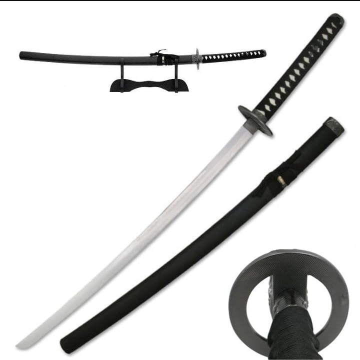 MAKOTO Black Kenshin Reverse Blade Katana, Japanese Sword with Table Top Display Stand