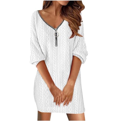 Women Vintage Crochet Knit Sweater Dress 1/2 Zipper Lantern Sleeve Bodycon Midi Dress Oversized Ribbed Long Sweater White