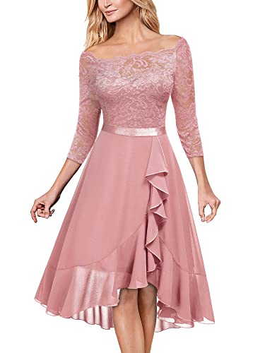 Miusol Women's Off Shoulder Floral Lace 2/3 Sleeve Bridesmaid Party Dress (Small, Pink)