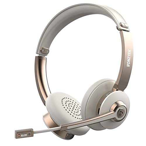 Vonztek Bluetooth Headset with Microphone, Wireless Headphones with Noise Cancelling Mic, 26hrs talktime, On Ear Headphones with Mic Mute for Mac/Laptop/Zoom/Teams/Call Center/Office/Home Gold