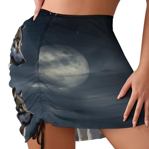 NTVOWPZO Beach Sarong Wolves In The Moonlight Women's Swimsuit Wrap Cover Up Sheer Chiffon Summer Bikini Wraps Skirt