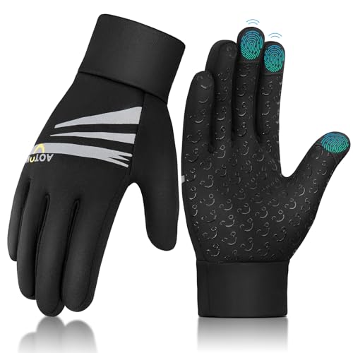 AOTOW Kids Winter Warm Sports Gloves - Boys Girls Cold Weather Thermal Windproof Touch Screen Full Finger Anti Slip Cycling Glove for Football Running Riding Athletic Children Mittens Outdoor Blcak