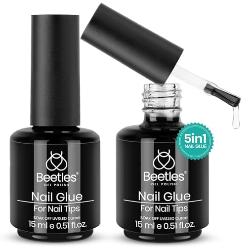 Beetles Gel Polish 5 in 1 Nail Glue and Base Gel Kit for Acrylic Nails,2 Pcs 15ml Super Strong Brush in Nail Gel Glue for False Nails Tips and Gel Nail Polish Led Lamp Required Nail Art Gift