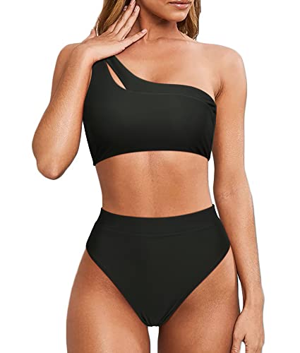 MOOSLOVER Women Cutout One Shoulder High Waisted Bikini High Cut Two Piece Swimsuits(S,Black)