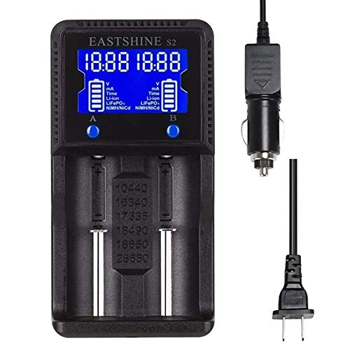 Universal Battery Charger EASTSHINE S2 LCD Display Speedy Smart Charger for Rechargeable Batteries Ni-MH Ni-Cd AA AAA Li-ion LiFePO4 IMR 10440 14500 16340 18650 RCR123 26650 18500 17670 & Car Adapter