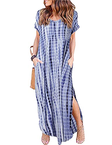Zilcremo Women Summer Casual Maxi Dress Loose Pockets Short Sleeve Split Boho Dresses Navy Tiedye L
