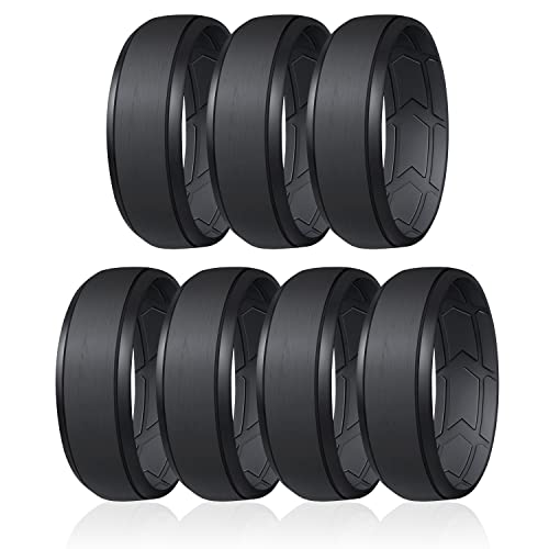 ROQ Silicone Rubber Wedding Ring for Men, Comfort Fit, Men's Wedding Band, Rubber Engagement Band, Enhanced Breathability, Inner Arrow Grooves, 8mm Wide 2mm Thick, 7 Pack, Midnight Black, Size 12