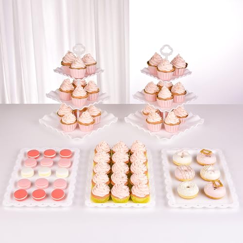 NWK 5 Piece Cake Stand Set with 2xLarge 3-Tier Cupcake Stands + 3X Appetizer Trays Perfect for Wedding Birthday Baby Shower Tea Party