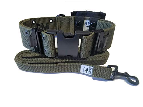 M1-K9 Tactical Dog Collar, Large Breed Military w/ 6 ft. Leash and Utility Pouch (Gen. 3, Adj. 16-26', OD Green)