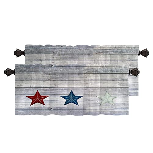 BaoNews Stars Country Wood Kitchen Valances Window Curtain, Red White and Blue Grunge Americana Blackout Decoration Small Window Valances Curtains Drapes for Kitchen Bedroom, 52 X 18 Inch Set of 2