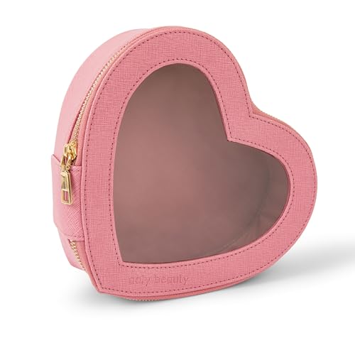 Aaly Beauty Heart Makeup Bag – Beautiful Pink Heart Shaped Cosmetic Organizer with Clear Cover – Medium Capacity for Full Size Makeup – Fits Daily Essential Skincare, Makeup and Brushes
