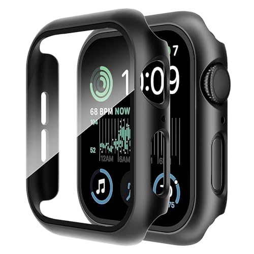 Smiling 2 Pack Case Built in Tempered Glass Screen Protector Compatible with Apple Watch SE 2023/Series 6 SE 5 4 44mm, Hard PC Case Overall Protective Cover- Matt Black