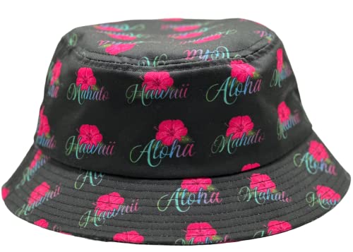 Aloha Designs - Hawaiian Hibiscus Bucket Hat with Colorful Aloha, Mahalo & Hawaii Print. This Hawaiian Hat Brings Island Paradise Vibes To Your Next Beach or Pool Day | Plus You Get One Aloha Sticker-