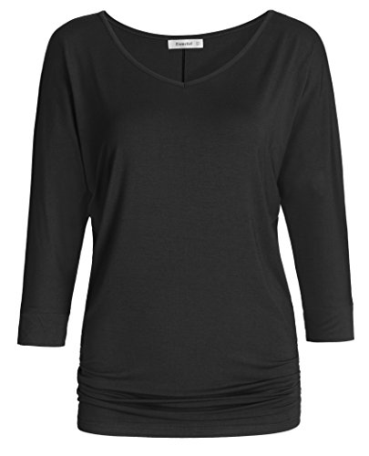 Esenchel Women's V-Neck Dolman Top 3/4 Sleeve Drape Shirt M Black