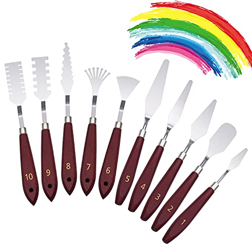 Palette Knife Set, Stainless Steel Spatula Palette Knife, Professional Palette Knife Set with Acrylic Wooden Handle for Oil Paint Canvas (10pcs in 10 Shapes)