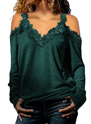 Dokotoo Fall Casual Cold Shoulder Tops for Women Lace Trim Hollowed Out Long Sleeve Sweatshirts T Shirt Women Off The Shoulder Sexy Halter Neck Top Pullover Tunic Blouses 2024 Fashion Green X-Large