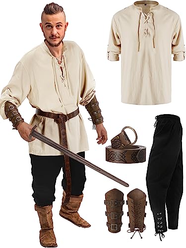 Jiuguva 4 Pcs Halloween Men's Renaissance Costume Set Medieval Pirate Shirt Ankle Banded Pants Viking Belt Accessories (Classic Color,Small)