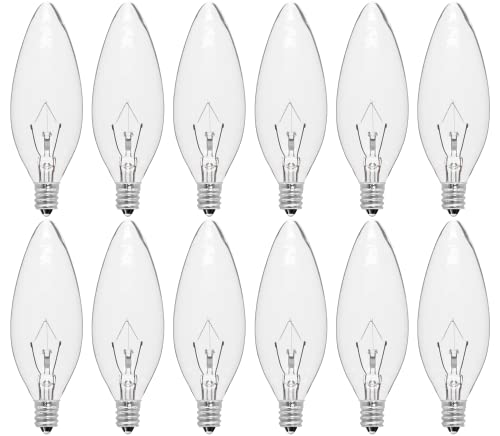 CYLYT 12-Pack E12 Incandescent Candle Light Bulbs 40W Warm White 2500K, 380 Lumen Dimmable Chandelier Light Bulbs for Ceiling Fan, Pendants or Outdoor, B10 Clear Candelabra Base Bulbs