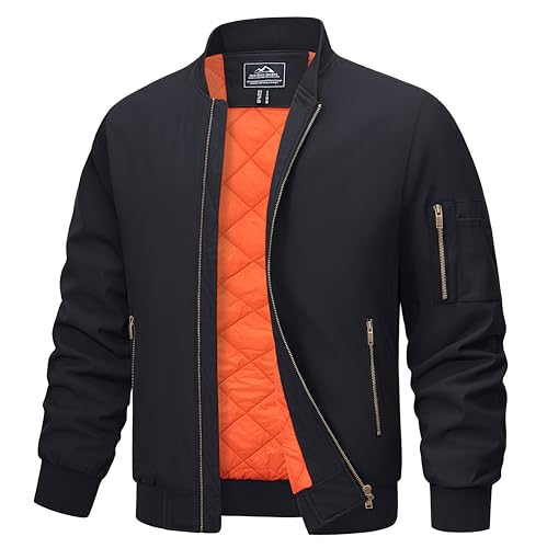 MAGCOMSEN Black Bomber Jackets Men Quilted Pilot Jackets Winter Jacket Waterproof Shell Pilot Jacket Black L