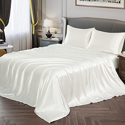 Vonty Satin Sheets Queen Size Silky Soft Satin Bed Sheets Ivory White Satin Sheet Set, 1 Deep Pocket Fitted Sheet + 1 Flat Sheet + 2 Pillowcases