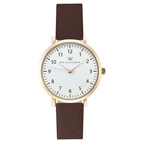 Wristology Olivia Mini Gold Womens Watch - Brown Interchangeable Genuine Leather Band - Easy to Read Analog Face with Numbers and Second Hand for Women, Nurses, Teachers, OM052