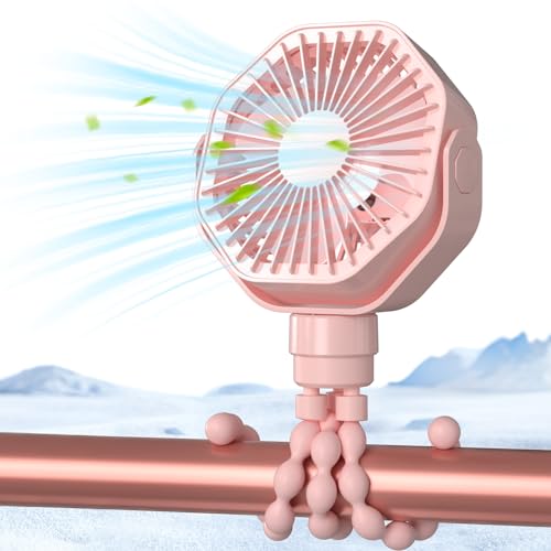 Portable Stroller Fan with Flexible Tripod, 3 Speeds Rechargeable Handheld Personal Fan, 360°Rotate Battery Operated Clip On Fan for Car Seat Crib Bike Treadmill Pink